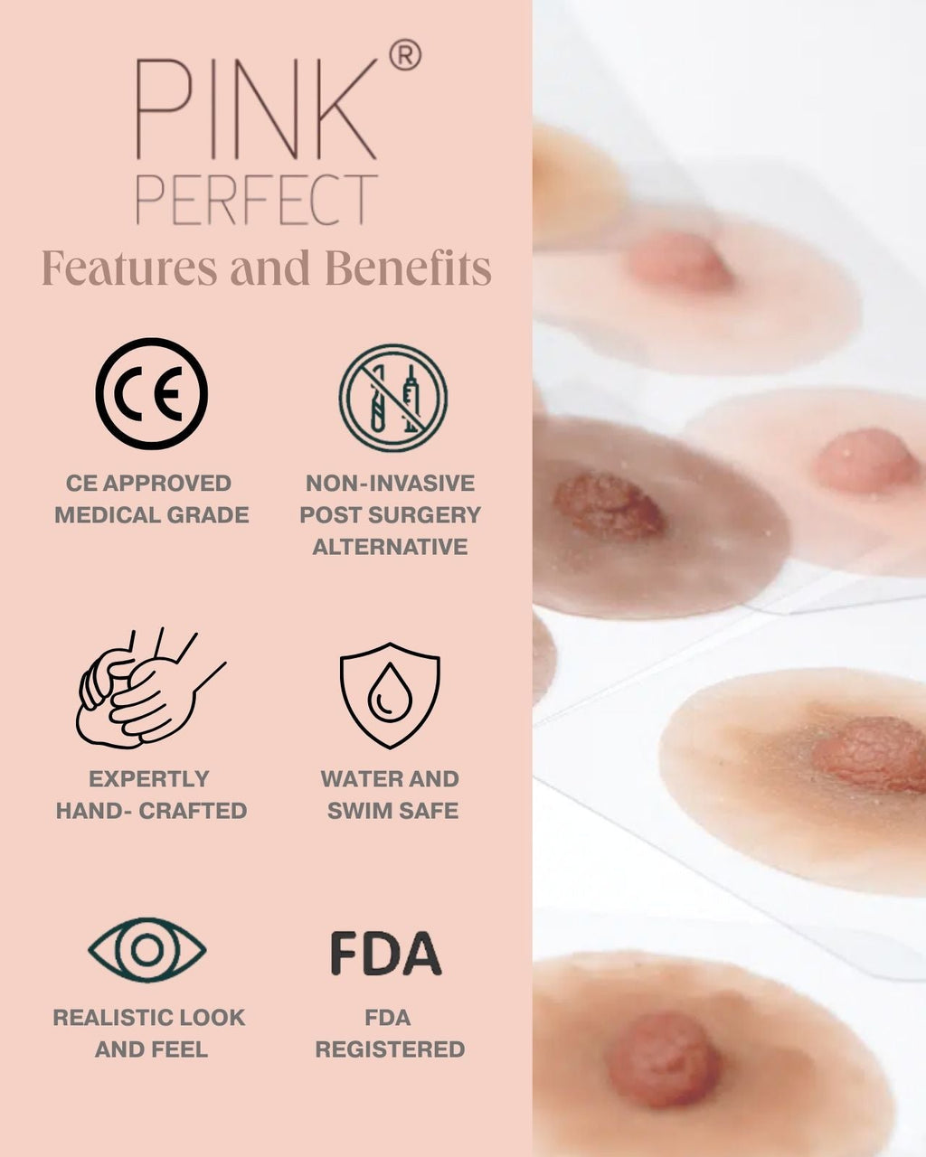 Pink Perfect Prosthetic Nipples in Tan